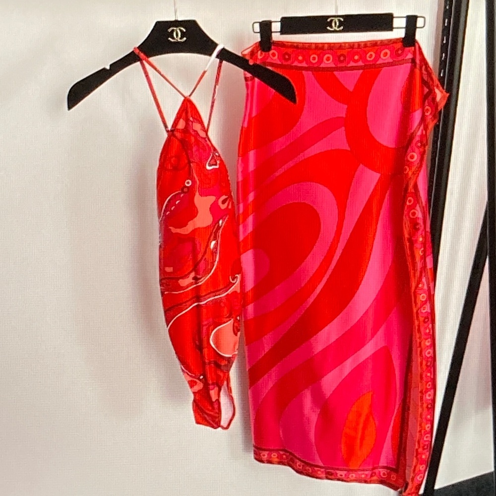 Emilio Pucci Red and Pink Abstract Silk Crop Top and Skirt Set